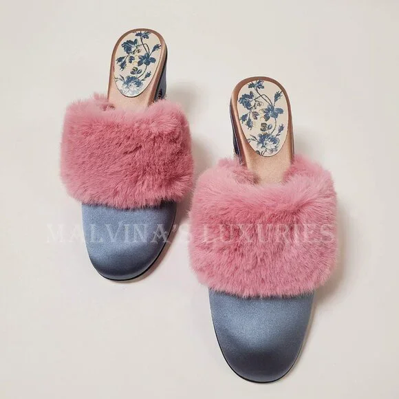 GUCCI SHOES CANDY SATIN AND FAUX FUR MULES CRYSTAL HEEL sz IT 35.5 US 5.5 - Picture 6 of 16